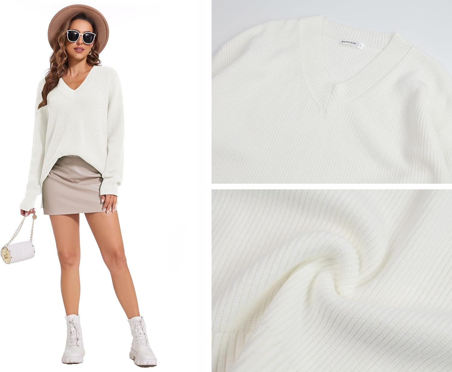 Women's V Neck Oversized Sweaters for Women Off Shoulder Loose Knit Jumper Pullover Tops - Image 5