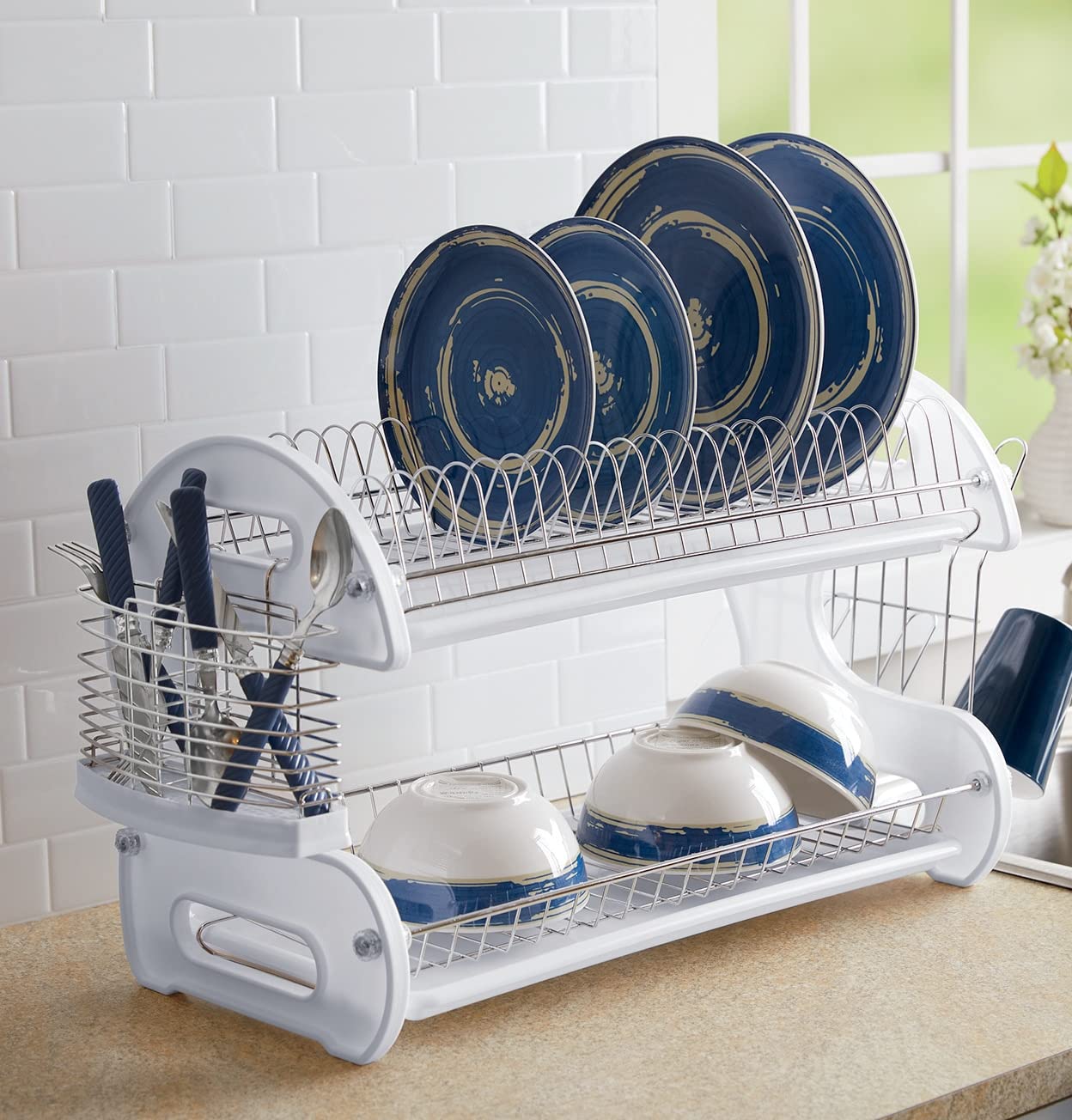 Montgomery Ward Retro 2-Tier Dish Rack, Space-Saving Design, Durable Plastic and Chrome-Plated Wire, Easy Assembly (White)