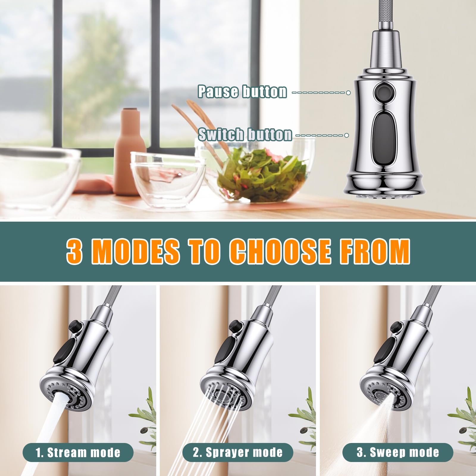 HURRAN Rubinetto Cucina Cromo, Rubinetto Lavello Cucina con 3 Modalità di Spruzzo, Rubinetto Lavello Cucina ad Arco Alto Estraibile con Rotazione a 360°per Lavelli da Cucina, Acciaio Inox