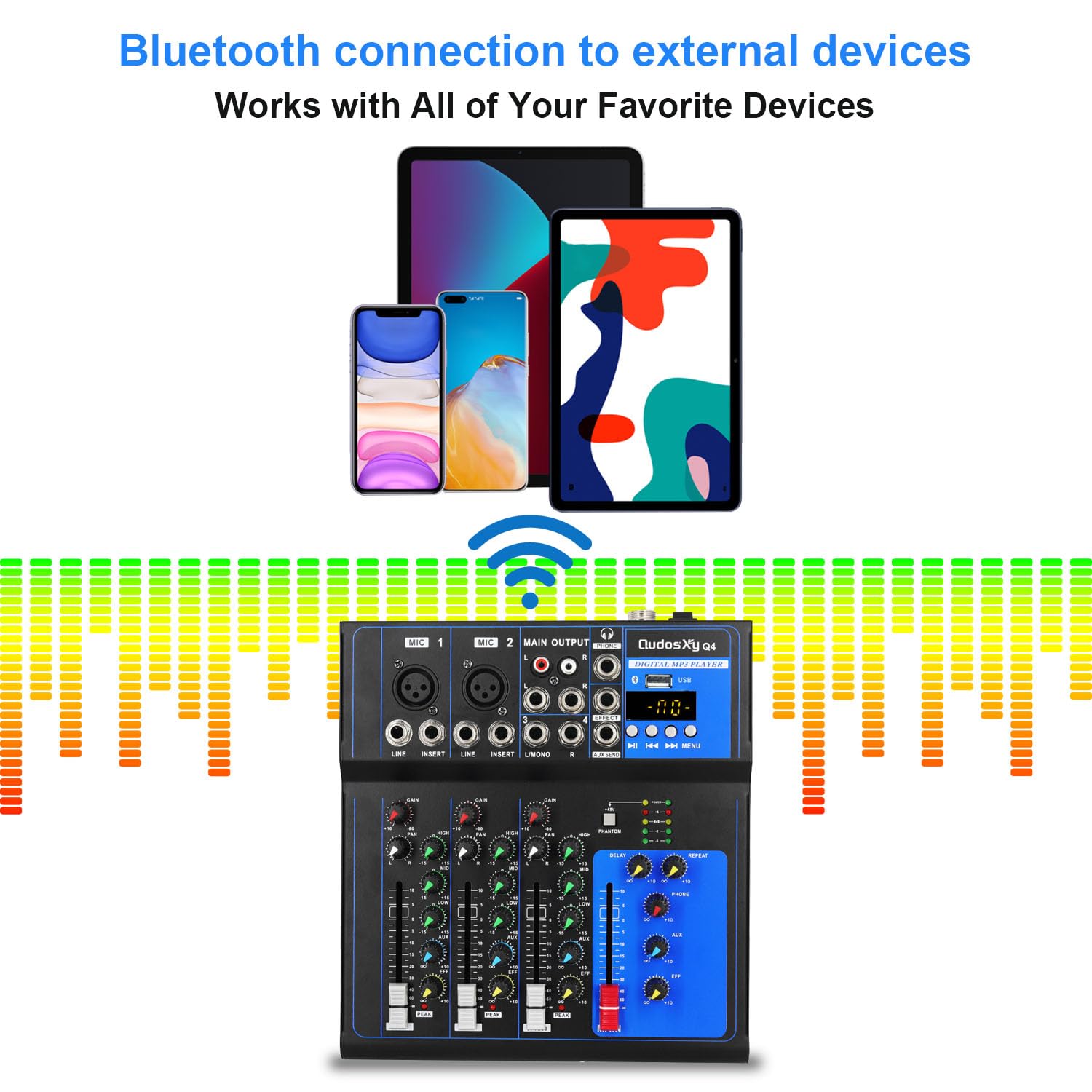 Mixer Audio Professionale Scheda Audio Console Interfaccia Sistema 4 Canali USB Digitale Bluetooth MP3 Ingresso Computer 48V Phantom Power Stereo DJ Studio Streaming