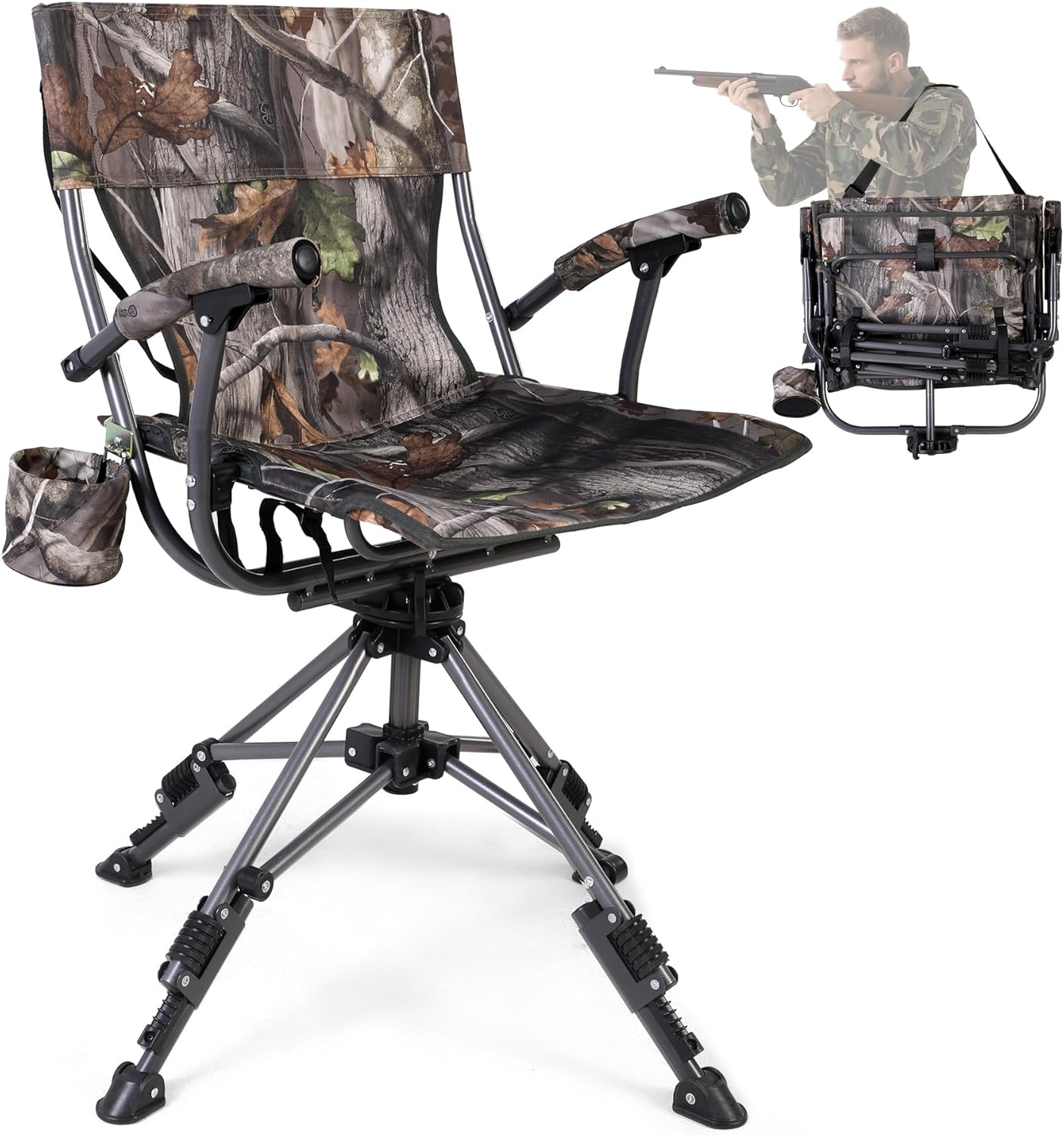 REDCAMP 360° Swivel Hunting Chair with Adjustable Feet for Ground Blinds, Portable Folding Camo Camping Chairs for Adults Hunting Seats with Hard Arms for Fishing Camping
