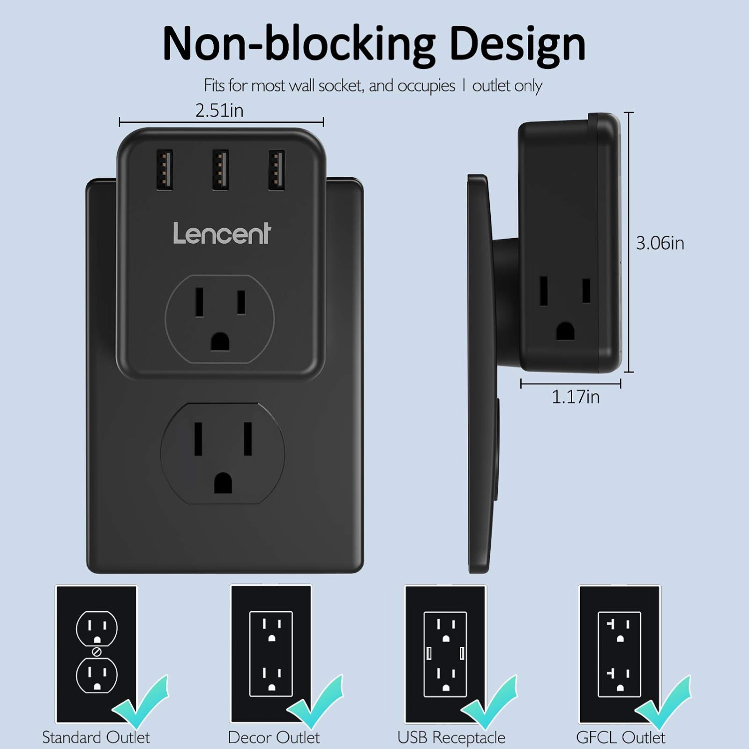 Multi Plug Outlet Extender, LENCENT 3 Outlets Splitter with 3 USB Ports, Wall Charger, 3 Prong Plug, Power Charging Box Expander for Home, Office, Hotel, Dorm, Cruise Ship Approved- Black