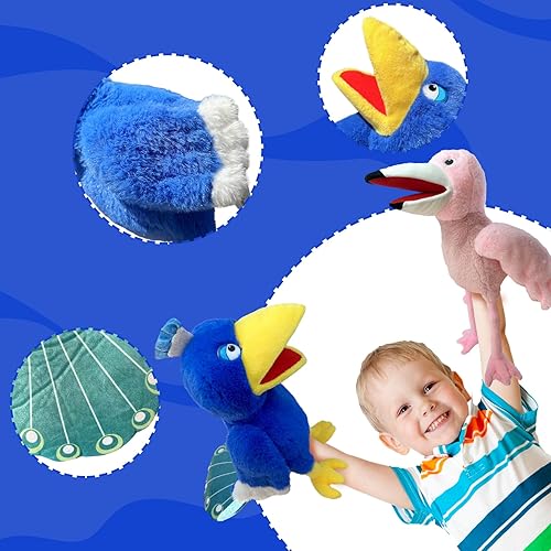 Miniatura 2 de Marioneta de mano de pájaro, marioneta de animal de 13.8 pulgadas, marionetas de mano de pavo real para niños con boca movible, juguete de peluche