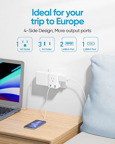 Miniatura 3 de kakyanill - Adaptador de enchufe de viaje europeo, adaptador de enchufe europeo plegable 7 en 1 con 4 salidas de CA, 3 puertos de carga USB,