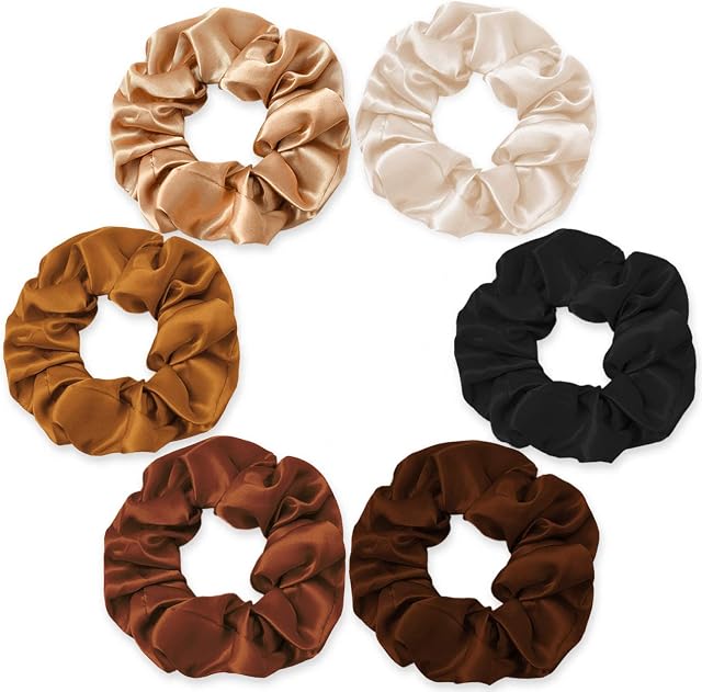 6 PCS Satin Hair Scrunchies Set, Elastic Solid Color Hair Bobbles Ponytail Holder Large Traceless Vintage Hair Ties Bands Ropes Accessories for Women Ladies Teens Thick Hair (Brown)