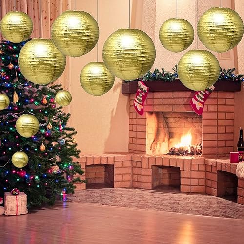Miniatura 4 de Linternas de papel doradas 12 unidades de tamaños surtidos de 6, 8, 10, 12 pulgadas, chinos, redondos, para colgar, decoración de bola, lámparas