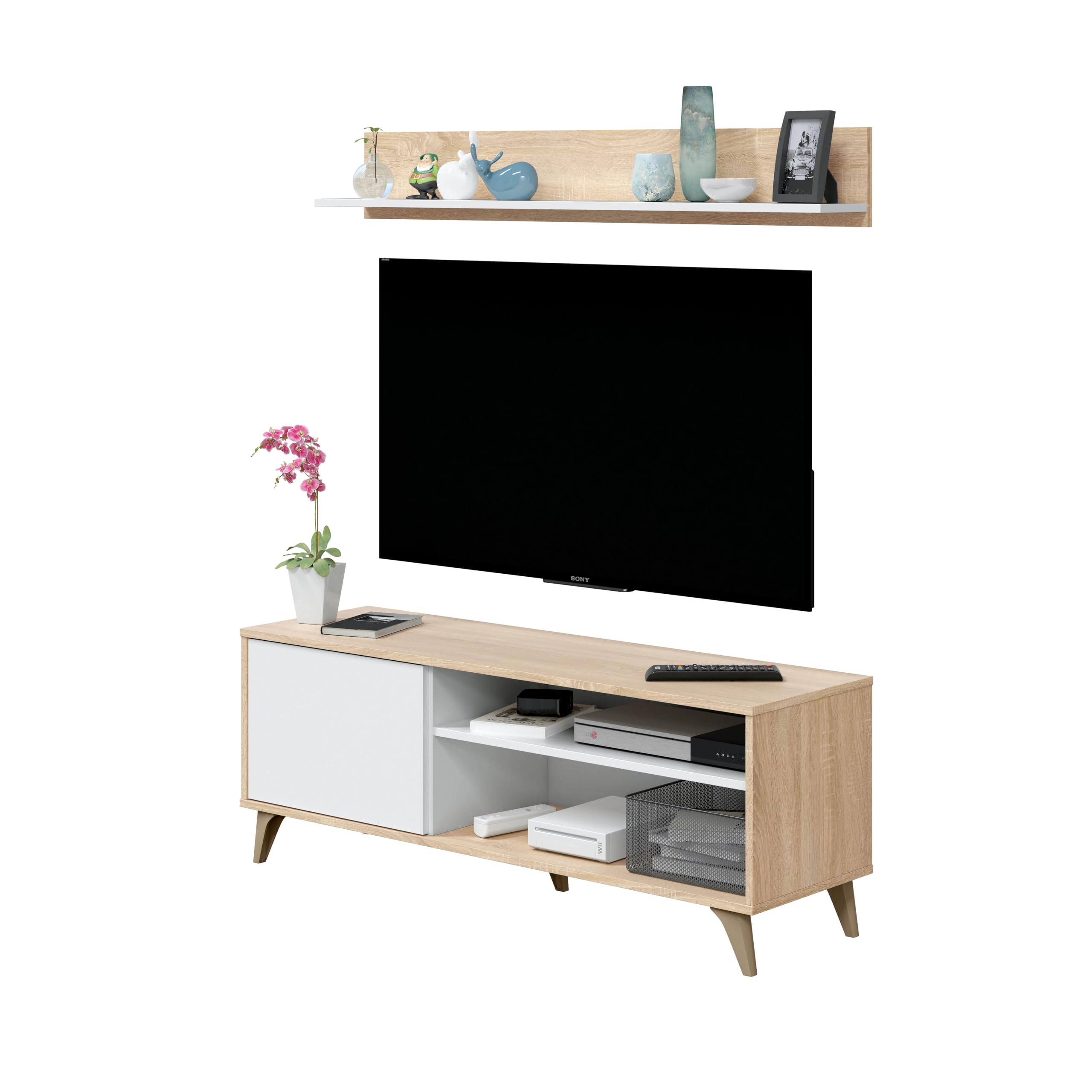 amuéblate online - Mueble Moderno de TV con 1 Puerta y 2 Compartimentos + Estante en L, Modelo Edu, Acabado en Color Blanco y Roble Canadian