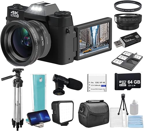 Acuvar Kit de cámara digital 4K 48MP para fotografía, cámara de vlogging para YouTube con pantalla abatible, WiFi, gran angular y lente macro,