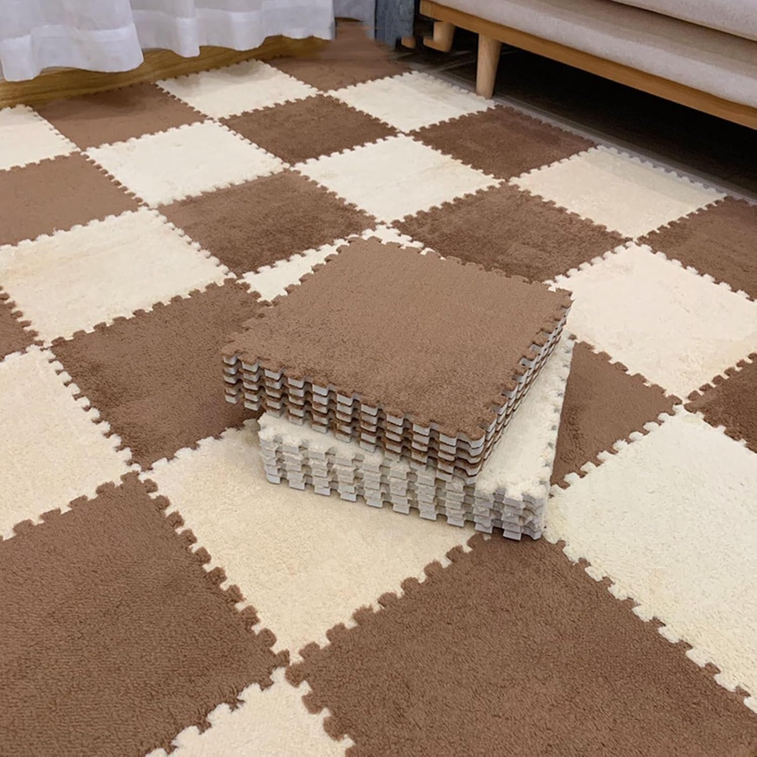 Interlocking Square Foam Tiles 12x12x0.4in Thickened Plush Puzzle Foam Floor Mat Shaggy Play Carpet Mats(Apricot+Light Coffee,20pcs)