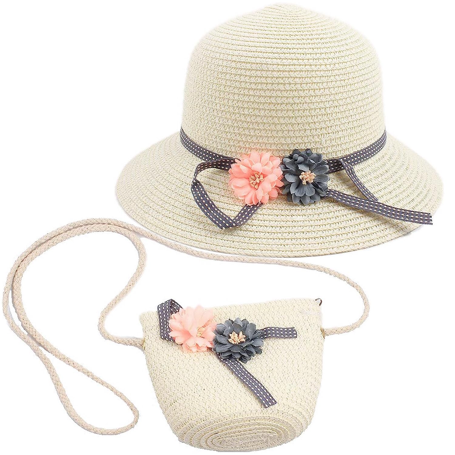 Integrity.1 Sombrero de Verano para Niñas, Bolso Pequeño para Niñas,Traje de Sombrero de Paja para Niñas, Sombrero de Visera de Flores, Sombrero de Paja para Niños y Bolso Pequeño (Blanco Lechoso)