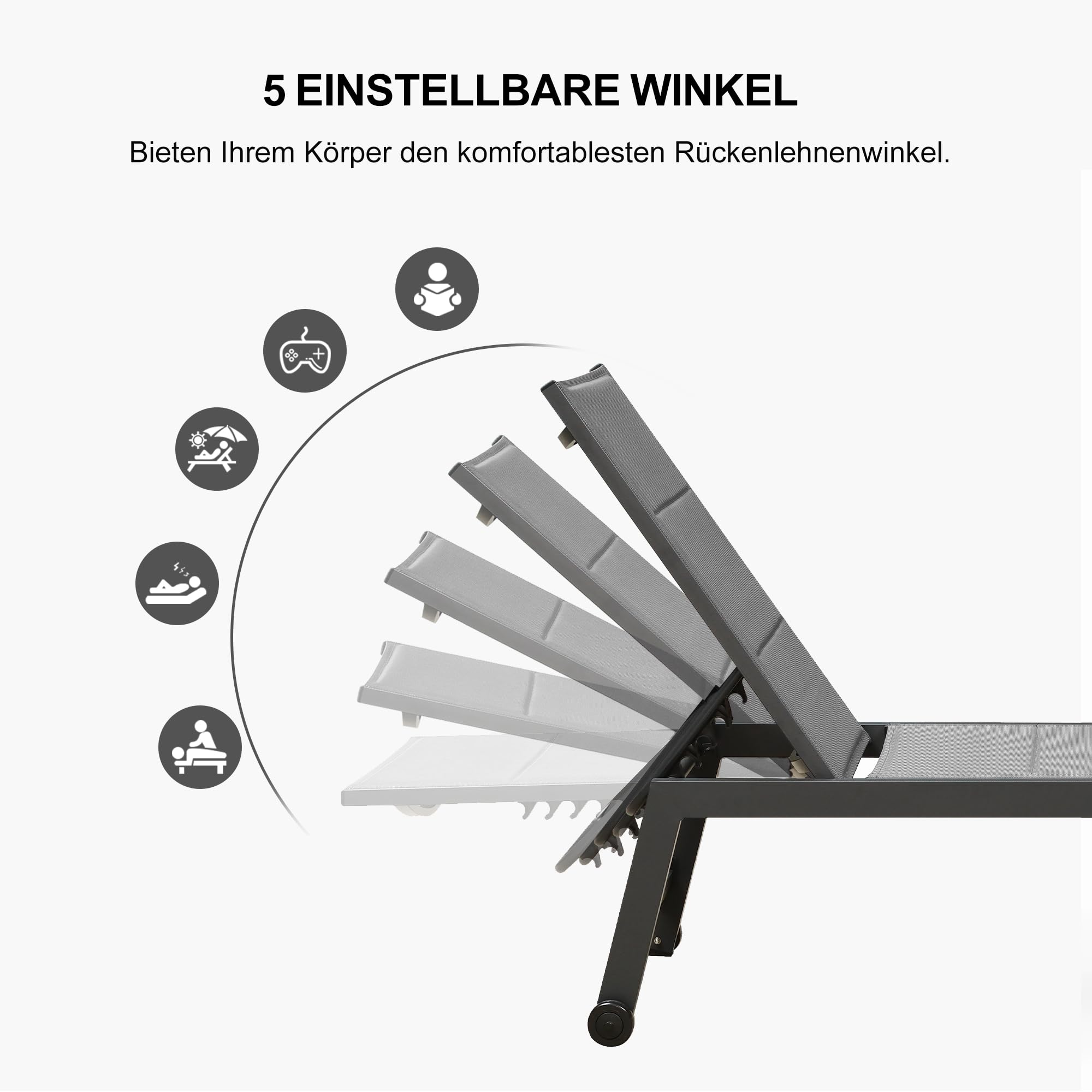 PURPLE LEAF 2er-Set Sonnenliege Groß Aluminium mit Rollen, Grau | Extra breite Liegefläche, 5-Fach Verstellbare, Gepolstertes Textilene, Atmungsaktiv, Robuster Alurahmen, Mobil dank Rollen