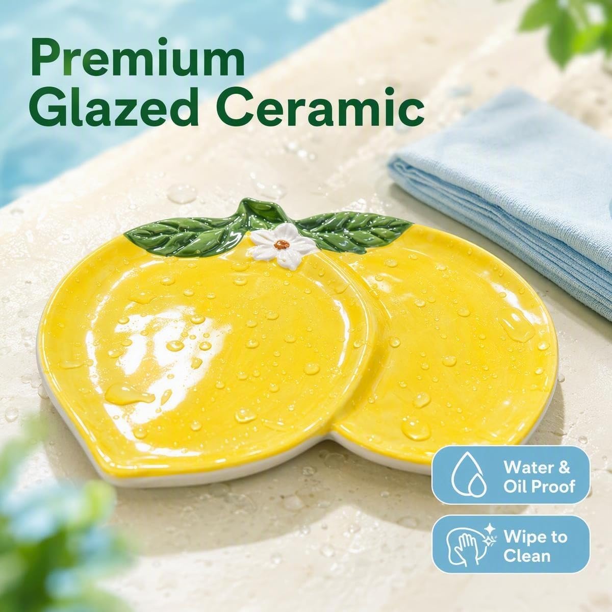 Ceramic Double Lemon Spoon Rest Yellow Citrus Trinket Dish Key Tray