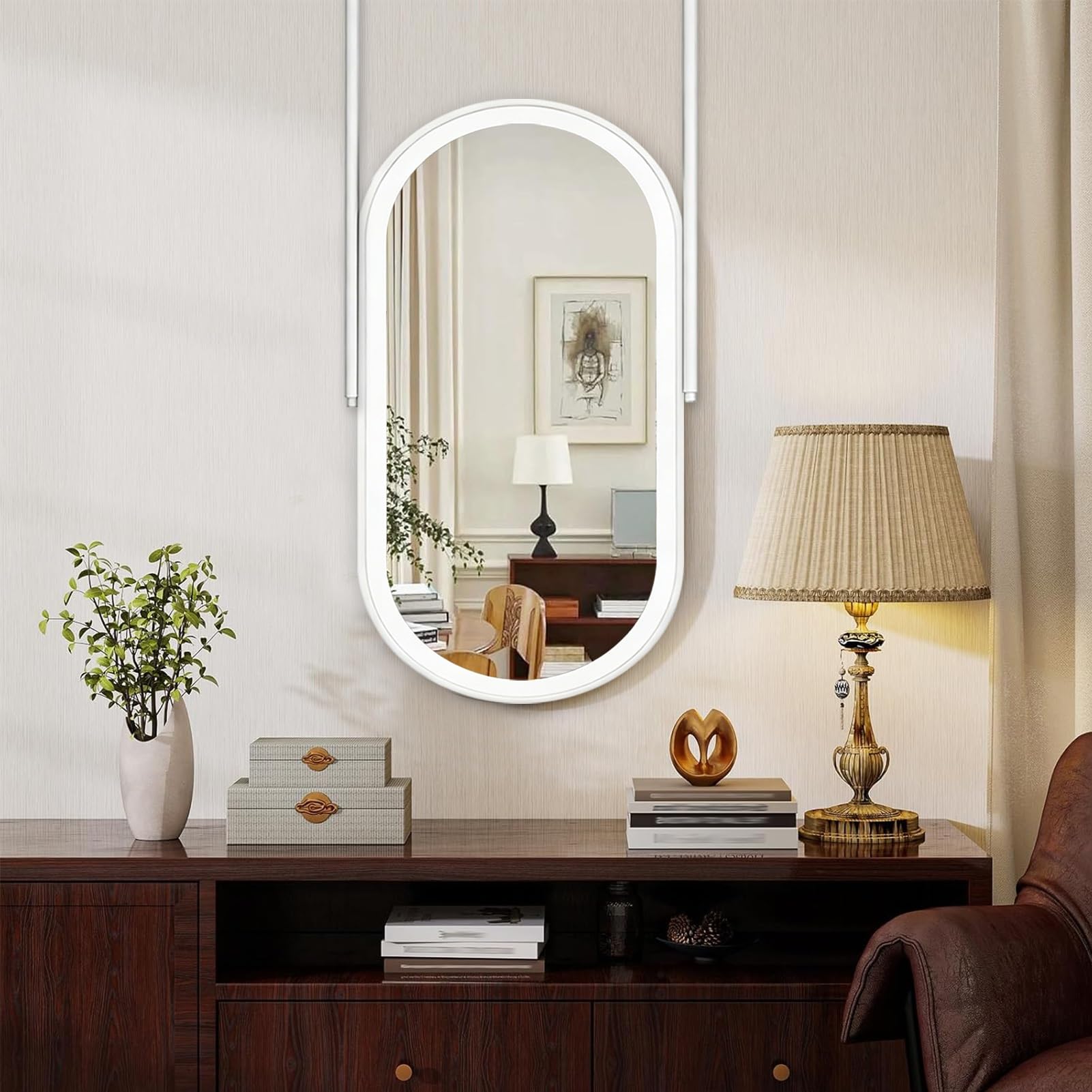 FGXHHS White Metal Frame Mirror - Large LED Bathroom Wall Ceiling Hanging Suspended Mirrors Oval Vanity with 3 Colors Dimmable Light Customizable(50cmx70cm)
