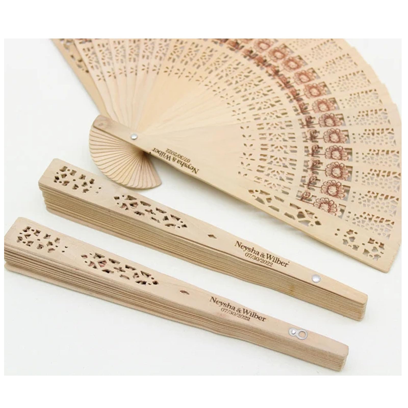 Eventail mariage personnalisable et pliable en bois gravé pour décoration de table, lot de 20