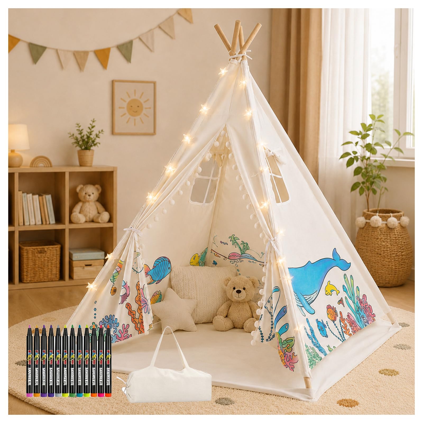 DIY Tipi Zelt für Kinder Indoor mit 12 Pinsel+Lichterkette+Tasche, 120x160cm Waschbar Kinder Zelt Tipi Zelt Kinderzimmer für Mädchen & Jungen – Malen, Spielen & Entspannen im Kinderzimmer