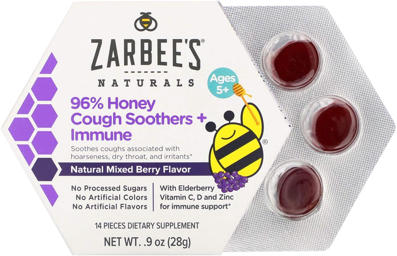 Zarbee's Naturals 96% Honey Cough Soothers + Immune with Elderberry, Vitamin C, D, and Zinc for Immune Support*, Natural Mixed Berry Flavor, 14 Drops : Health & Household