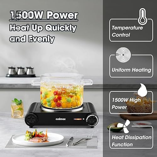 Miniatura 5 de Hot Plate,Cusimax Portable Electric Hot Plate for Cooking,1500W Countertop Single Burner, Cast Iron Stove, Concealed Handle, Temperature Controls,