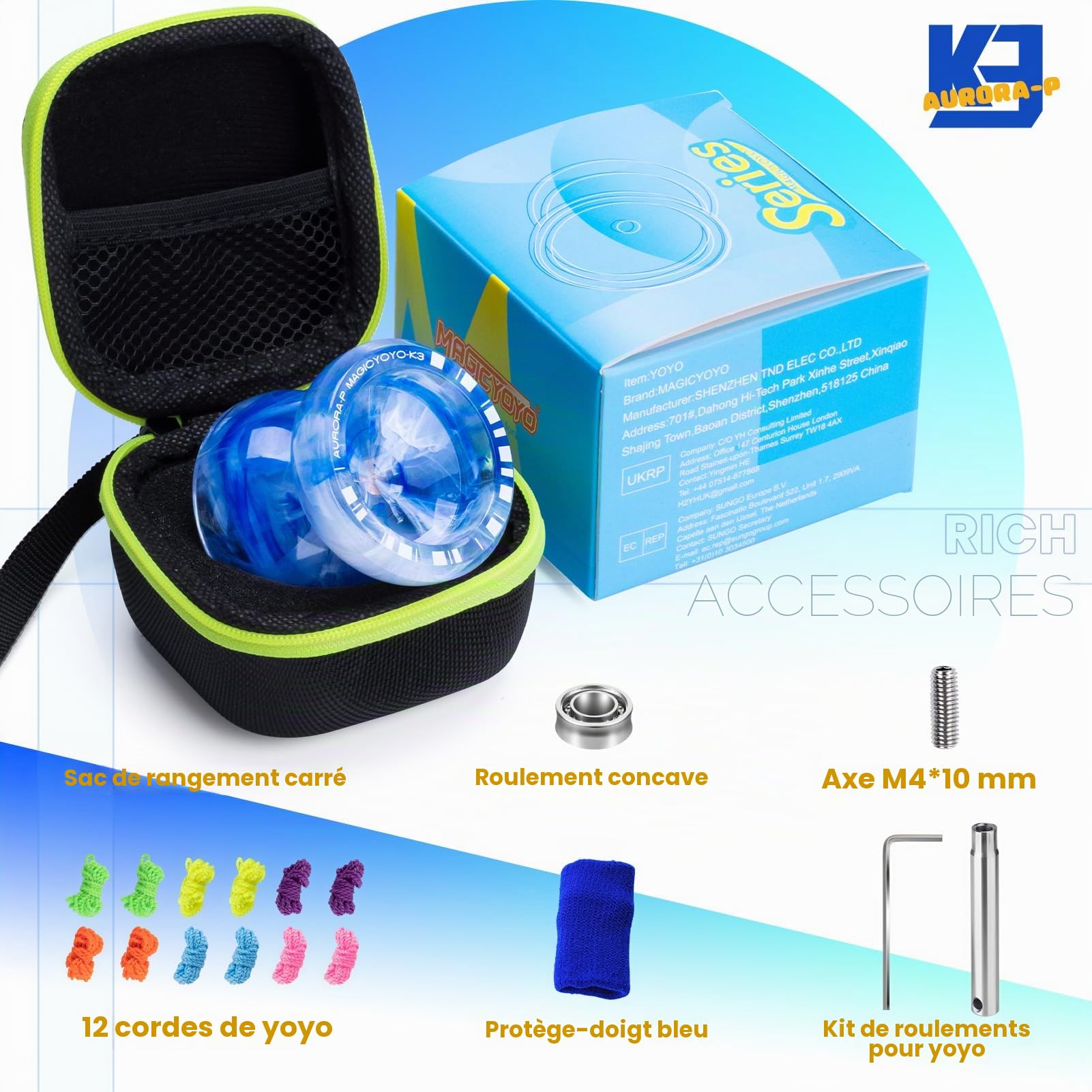 MAGICYOYO JoJo K3 Aurora-p, Yoyo professionnel pour spin, yo-yo réactif et non réactif pour débutants et avancés, avec 12 cordes Yoyo et kit d'accessoires Yo