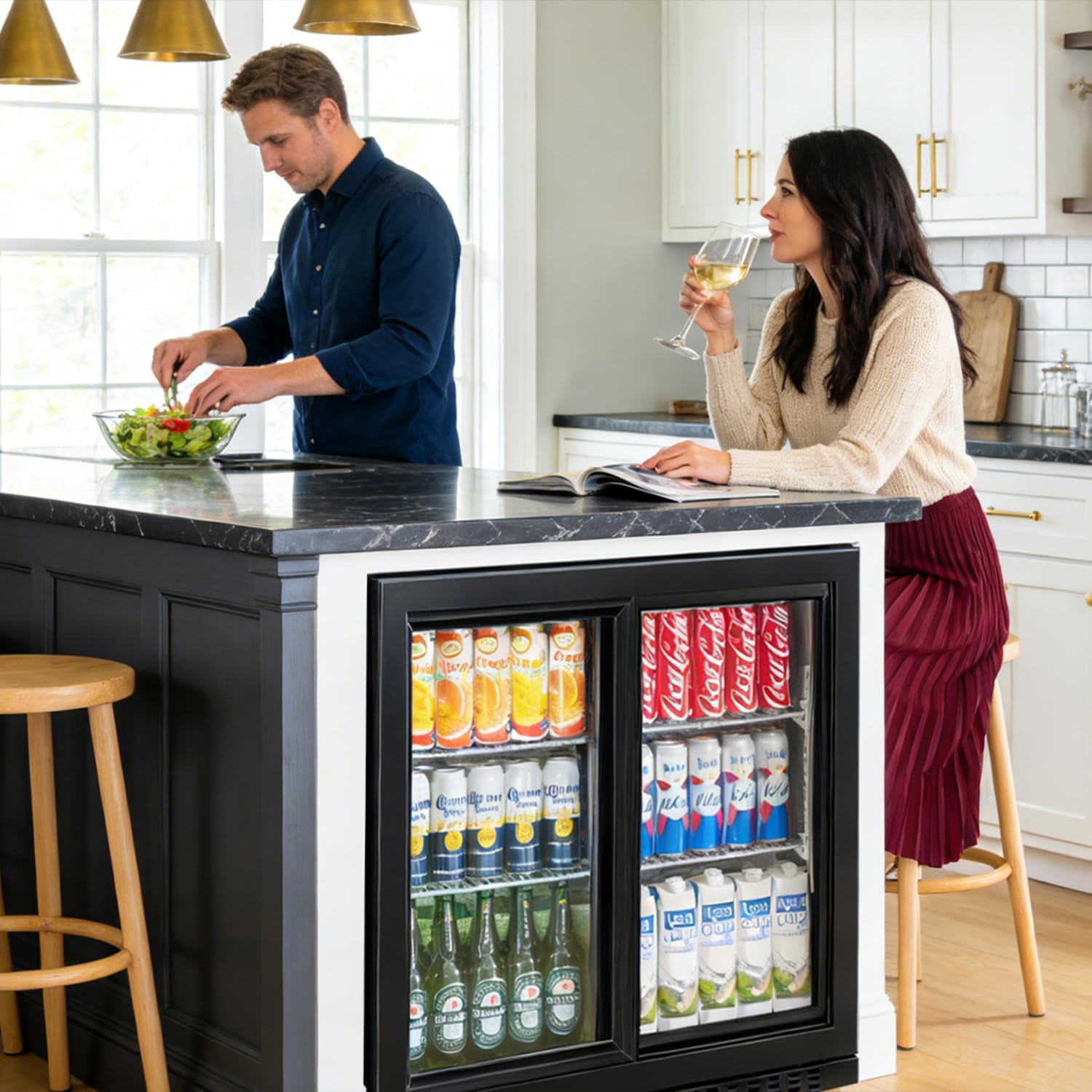 Back Bar Cooler with 2 Glass Sliding Doors 7.4 Cu.ft. with 4 Casters Black Drink Fridges ETL Commercial Beverage Refrigerator for Beer, Wine,Soda, Drinks