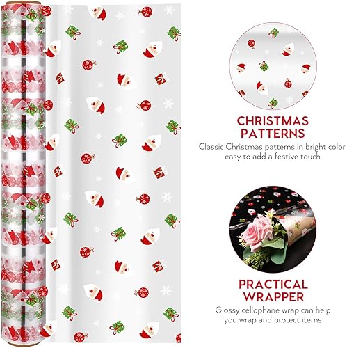 Miniatura 3 de Toyvian Envoltura de celofán, rollo de celofán de 1,181.1 x 15.7 in, 2.5 mil, Papá Noel decorado con floristería, celofán para Navidad, fiesta en