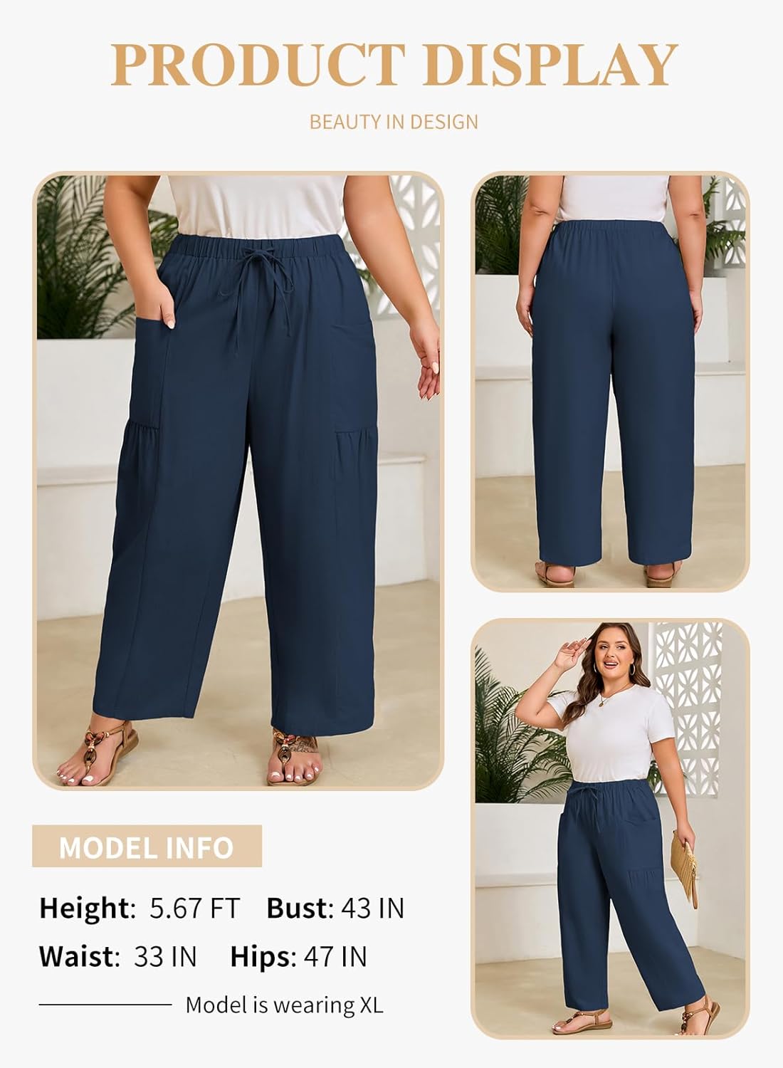 Eytino Womens Plus Size Wide Leg Pants Elastic Waist Drawstring Casual Palazzo Pants Lounge Trouser with Pockets(1X-5X) - Image 3