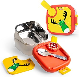 rabitat Lunchmate Mini Stainless Steel Lunch Box with Spoon | Airtight | Leakproof Snack Box/Tiffin Box for Kids/Toddlers/Infants to School/Picnic - 500 ML