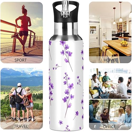 Miniatura 5 de Purple Flowers Leaves Stainless Steel Water Bottle 20 Oz Leakproof Water Bottles, BPA-Free Sports Water Bottle with Straw