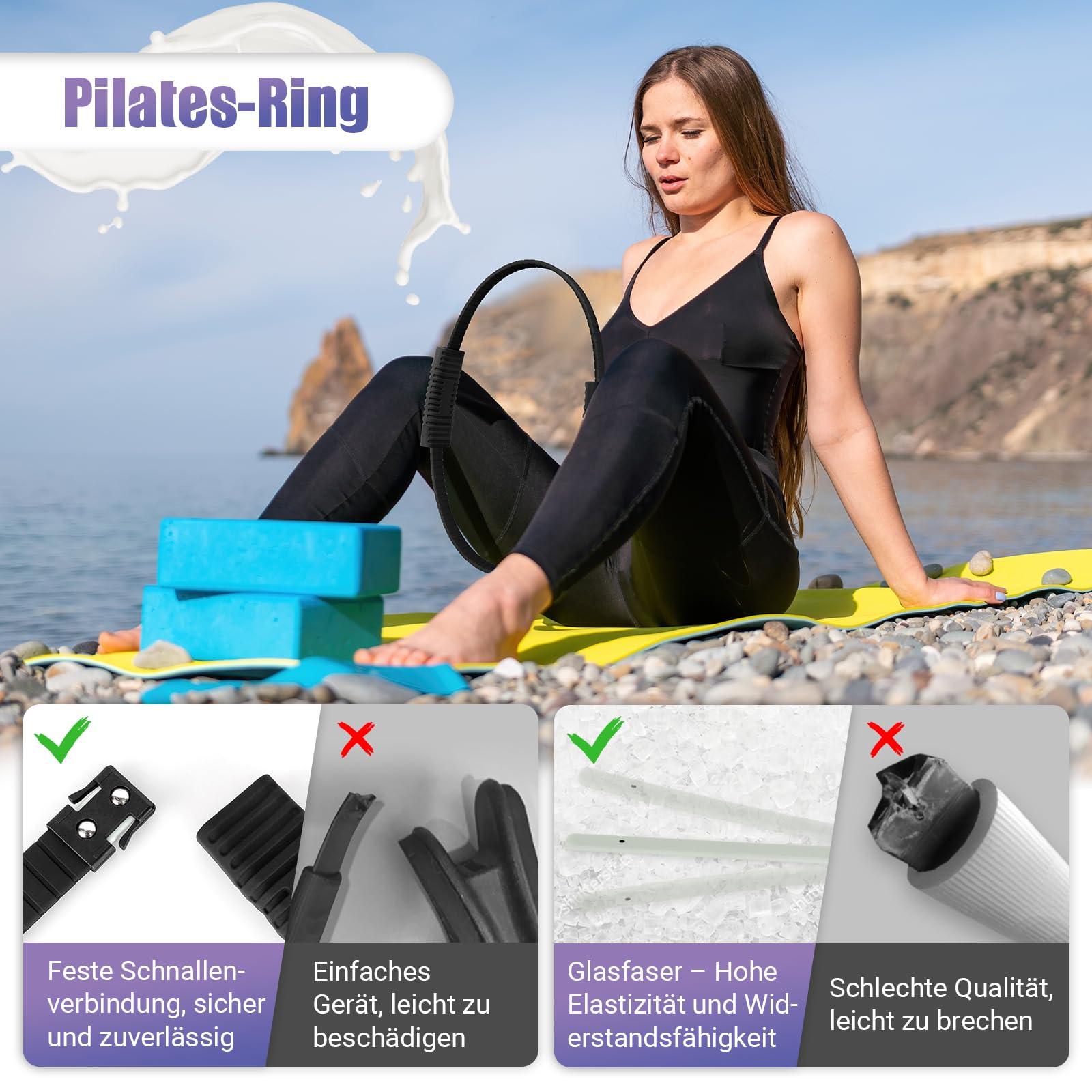 Pilates Ring, 34.5cm Silicone Pilates Magic Circle mit Doppelten Rutschfesten Griffen, Training Poster & Tragbarer Tasche, Pilates Ring Übungen für Beine Arme & Oberschenkel Gewichtsverlust für Frauen