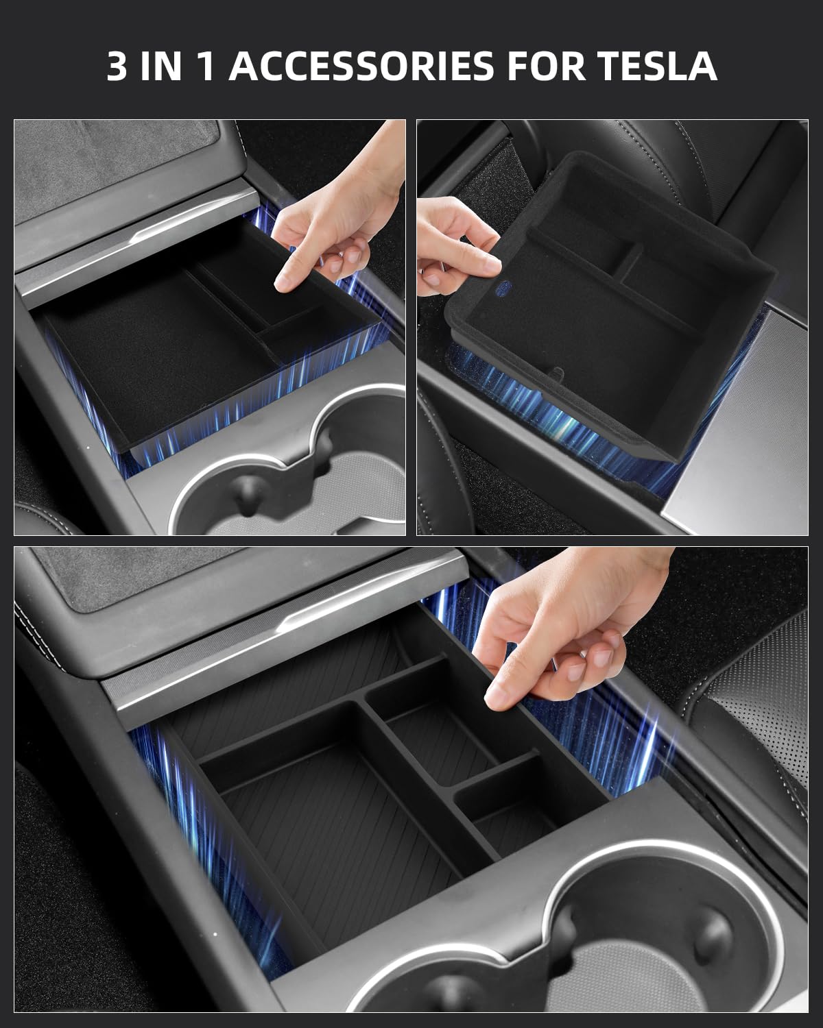 Scatole Portaoggetti Console Centrale per Tesla Model Y Juniper, Organizzatore di Braccioli per Tesla Model Y 2025 2026, Accessori Tesl-a Juniper, 3 Pezzi Nero
