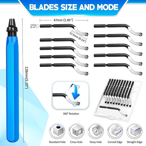 DIYLAND Deburring Tool Set, Metal Handle Hand Deburrer with 10 BS1010 Replacement Blades, 360° Rotating, for Plastic, 3D Printing, Metal, Aluminium, PVC, Steel - 3