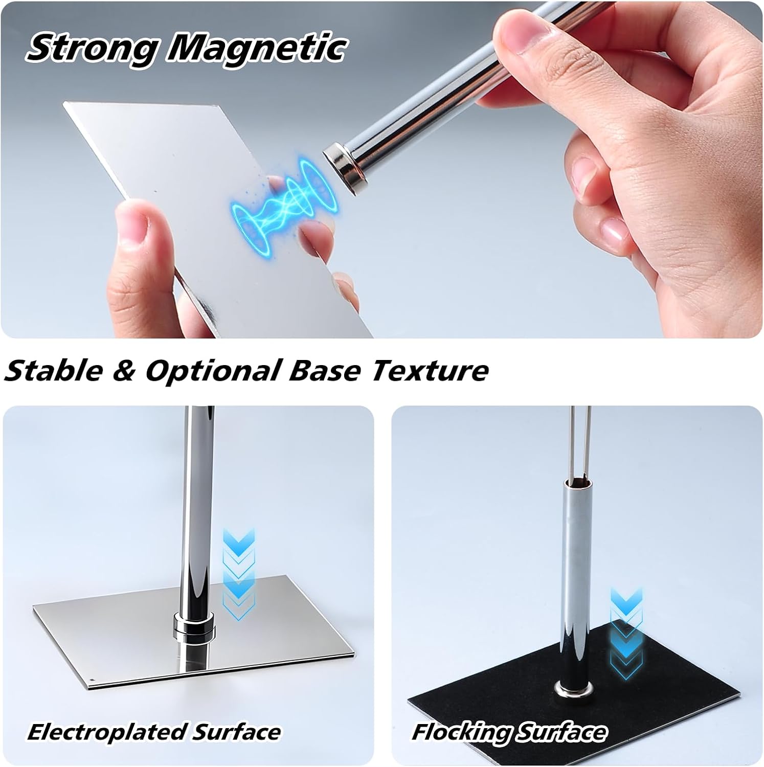 1/6 Scale Magnetic Figure Stand, Display Stand with Strong Magnetic Base & Liftable Support for 12 inches Action Figure, Doll Model Pose Display Holder Base - Extendable & Freely Magnetic-attached (silver)