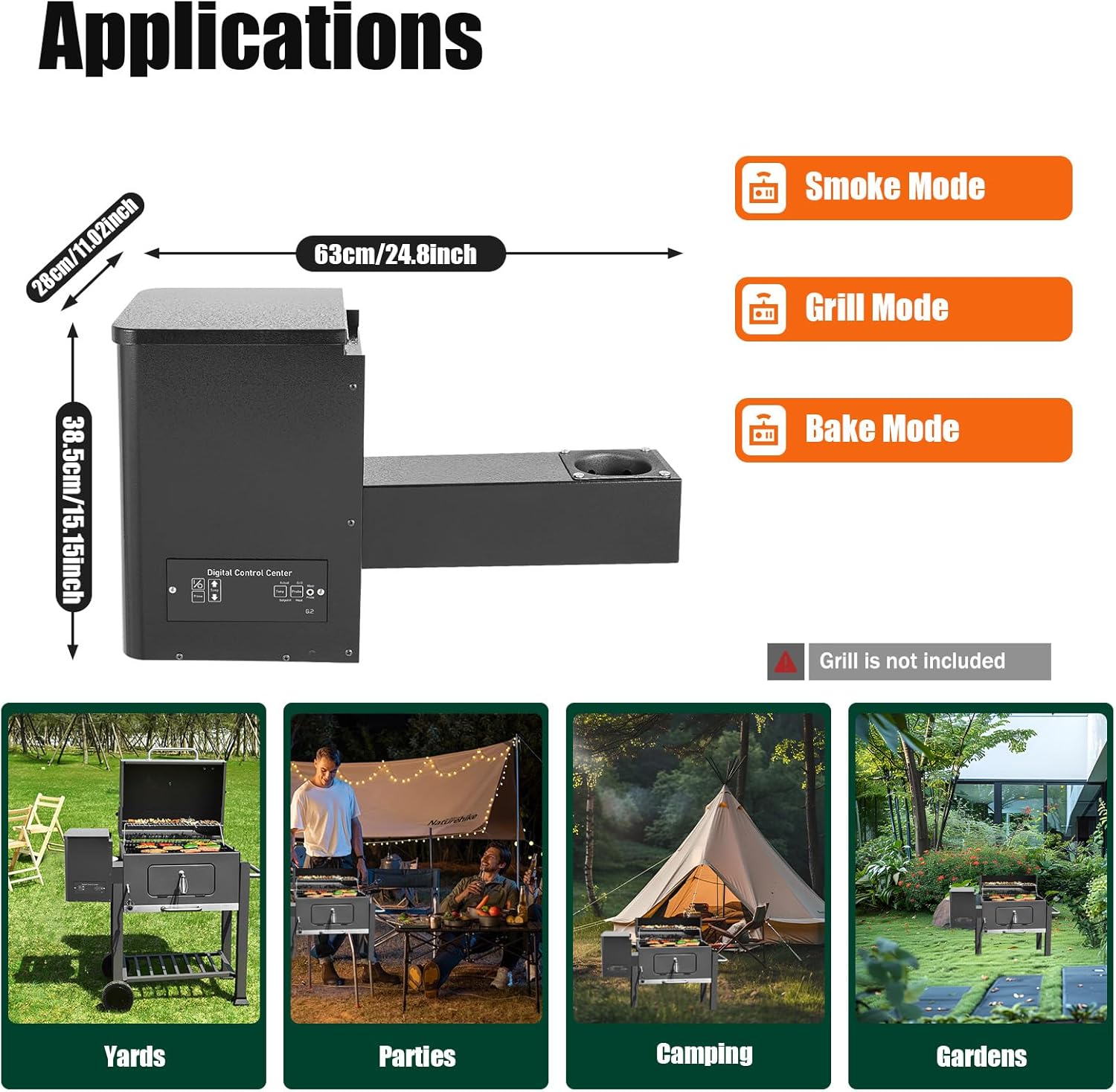 Dimensions of the SBPKMARSCT Pellet Smoker Hopper Assembly Kit and available cooking modes.