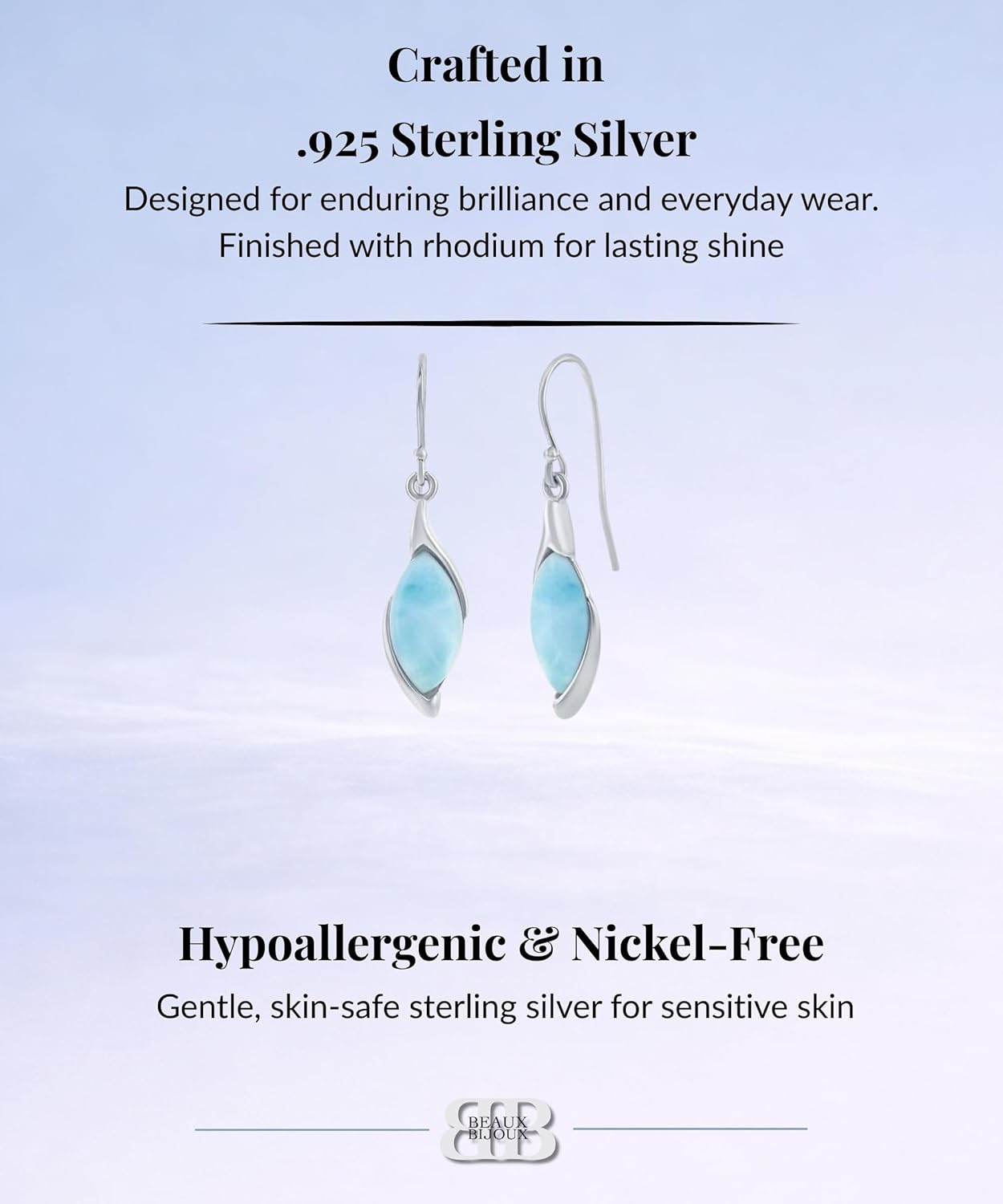 Beaux Bijoux Larimar Earrings for Women – Natural Larimar Dangle Earrings in 925 Sterling Silver – Beautiful Blue Gemstones - Unique Jewelry Gift - Image 4