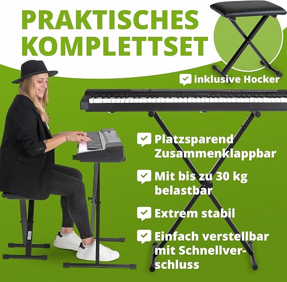Classic Cantabile Keyboard Set - X-Keyboard Stand 5-Way Height Adjustable - Padded Keyboard Bench 3-Way Height Adjustable - Sturdy Folding Stand and Comfortable Piano Stool - Black
