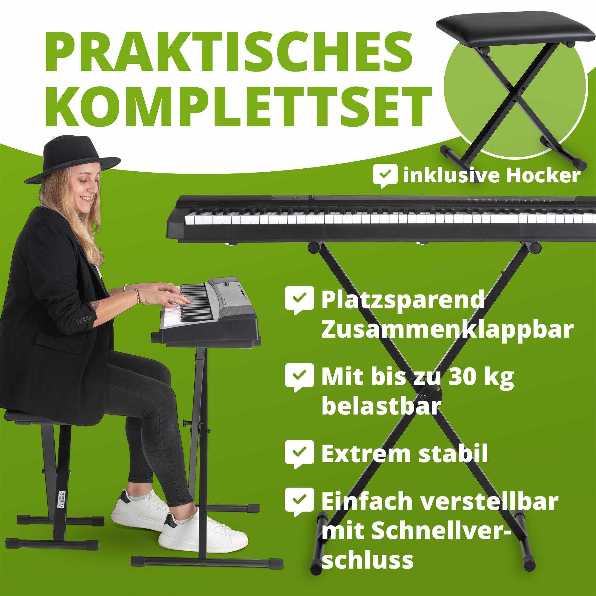 Classic Cantabile Keyboard-Set - X-Keyboardständer 5-Fach höhenverstellbar - gepolsterte Keyboardbank 3-Fach höhenverstellbar – Stabiler, klappbarer Ständer und komfortabler Klavierhocker - schwarz