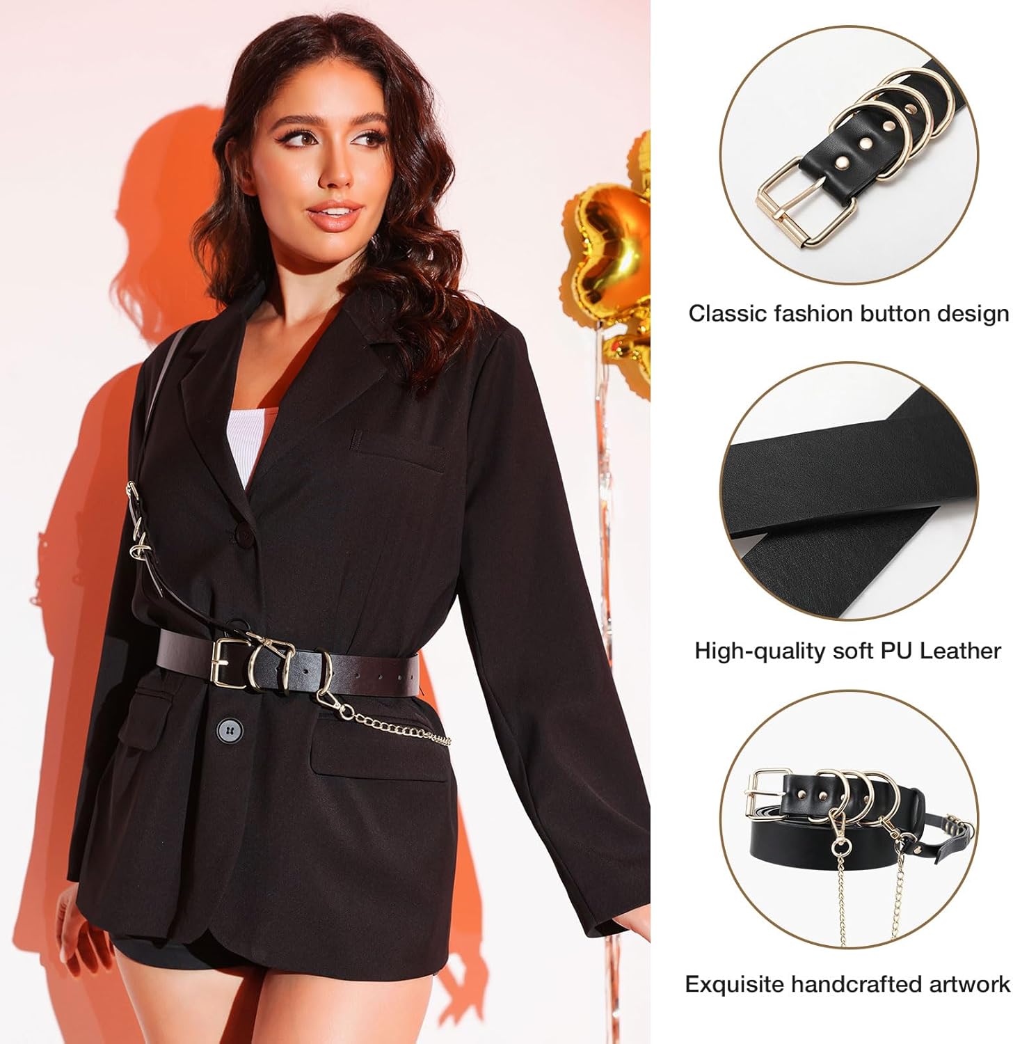 AWAYTR Women Leather Punk Waist Belt - Black PU Leather Adjustable Ladies Belts with Gold and Silver Buckle - Image 3