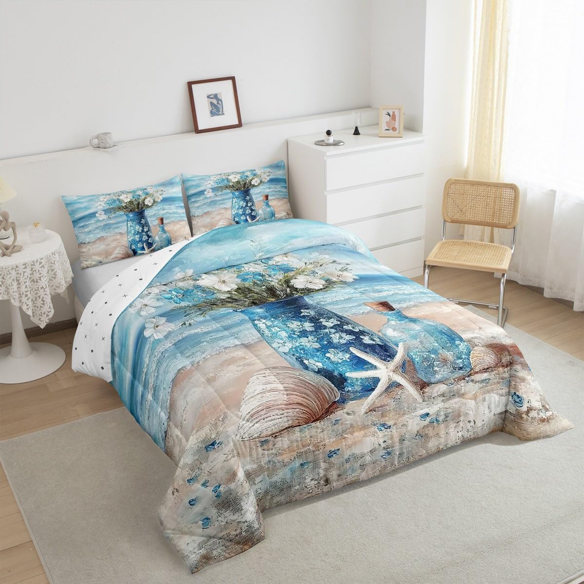 jejeloiu Blue Beach Comforter Set King Size Kids Daisy Flroal Bedding Set for Boys Girls Teens Starfish Coastal Ocean Comforter Breathable Ocean Marine Duvet Set Room Decor Quilt Set