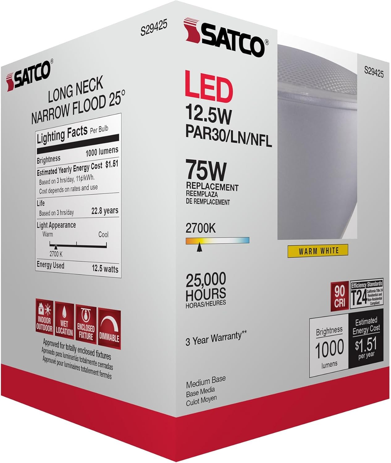 Satco S29425 12.5W Long-Neck PAR30 LED Reflector Bulb, 75W Replacement, 2700K, Clear