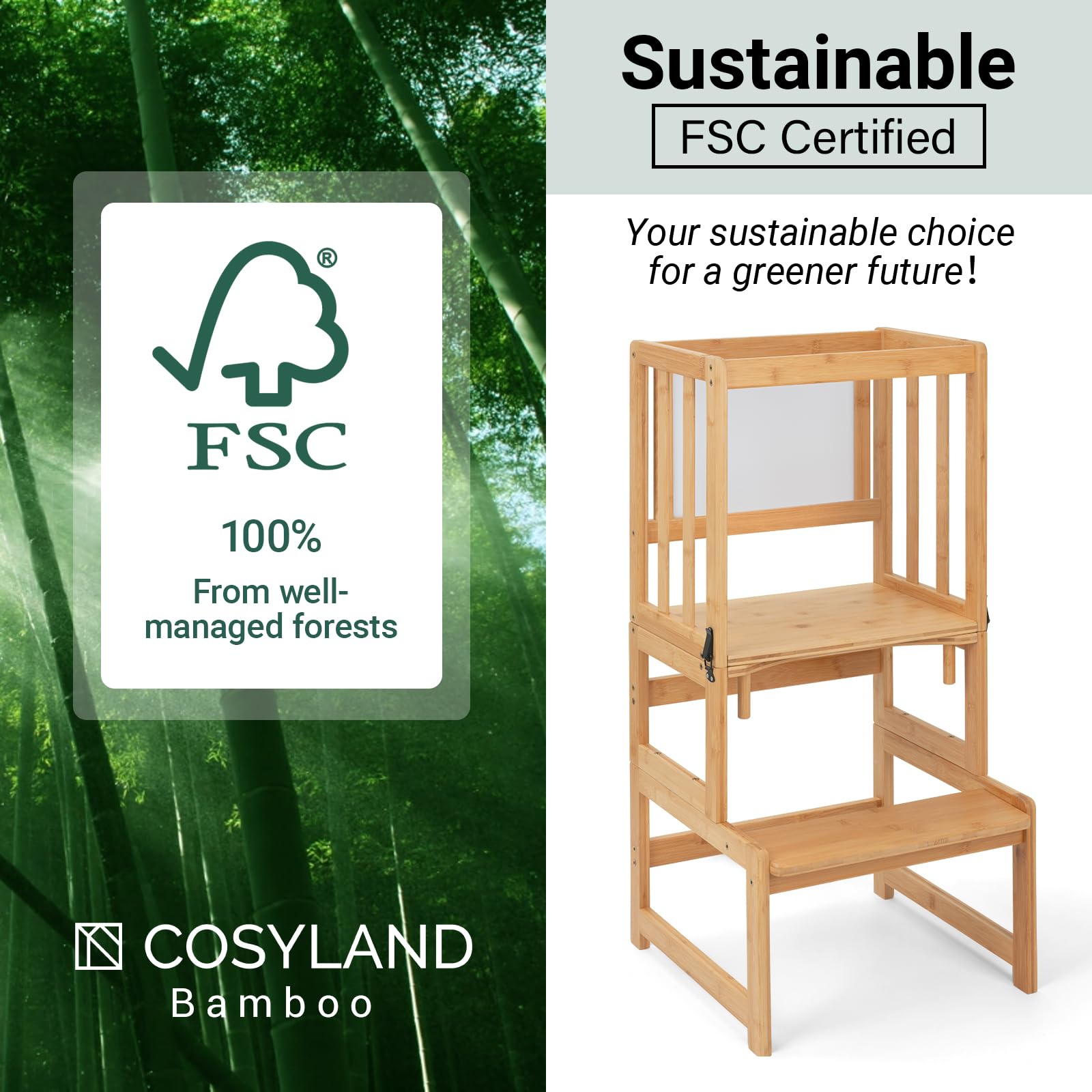 COSYLAND Sgabello da cucina 3 in 1 per bambini, torre convertibile con lavagna bianca, per bambini, bagno, cucina, bancone, aiutante per la mamma, sgabello per l'apprendimento (naturale)