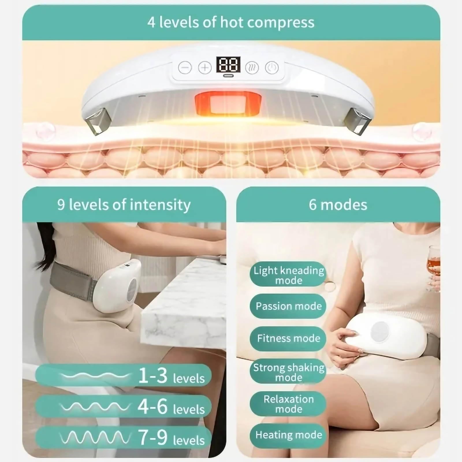 Massaggiatore elettrico per la pancia, cintura per massaggio addominale portatile senza fili, impacco caldo + vibrazione + 9 livelli di intensità + bruciagrassi riscaldato,White