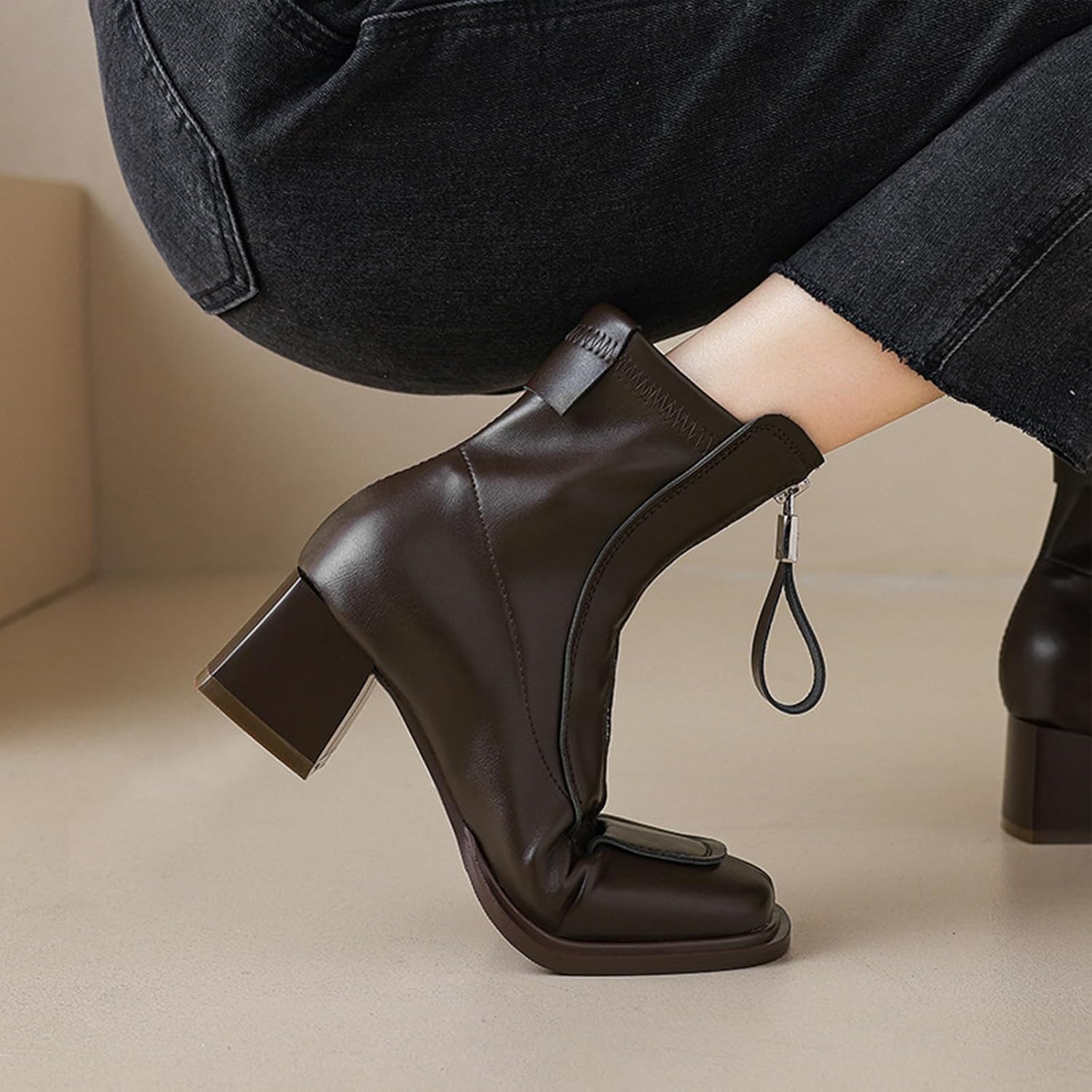 Women's Genuine Leather Square Toe Short Boots Comfortable Low Block Heel Front Zipper Ankle Booties