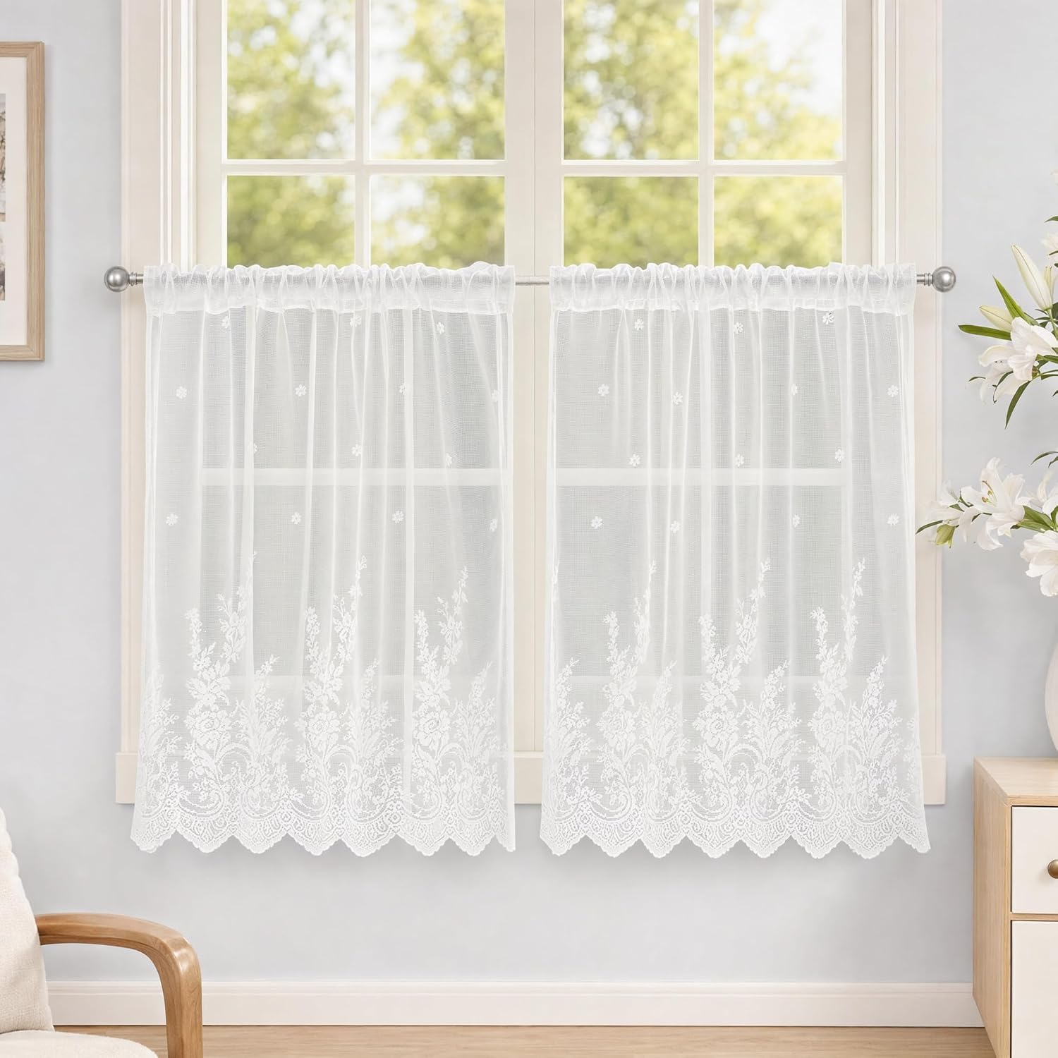 Molaxhome Lace Curtain Valance Floral Semi Sheer Curtain Window Valance