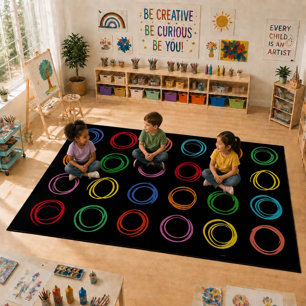 Black Classroom Carpets Playmat Rugs, 7'6"x12' Kids Carpet with Rubber Backing, Colorful Circles Children's Classroom Seating Rug Nursery Rugs for Preschool, Elementary, Classroom- Seats 24