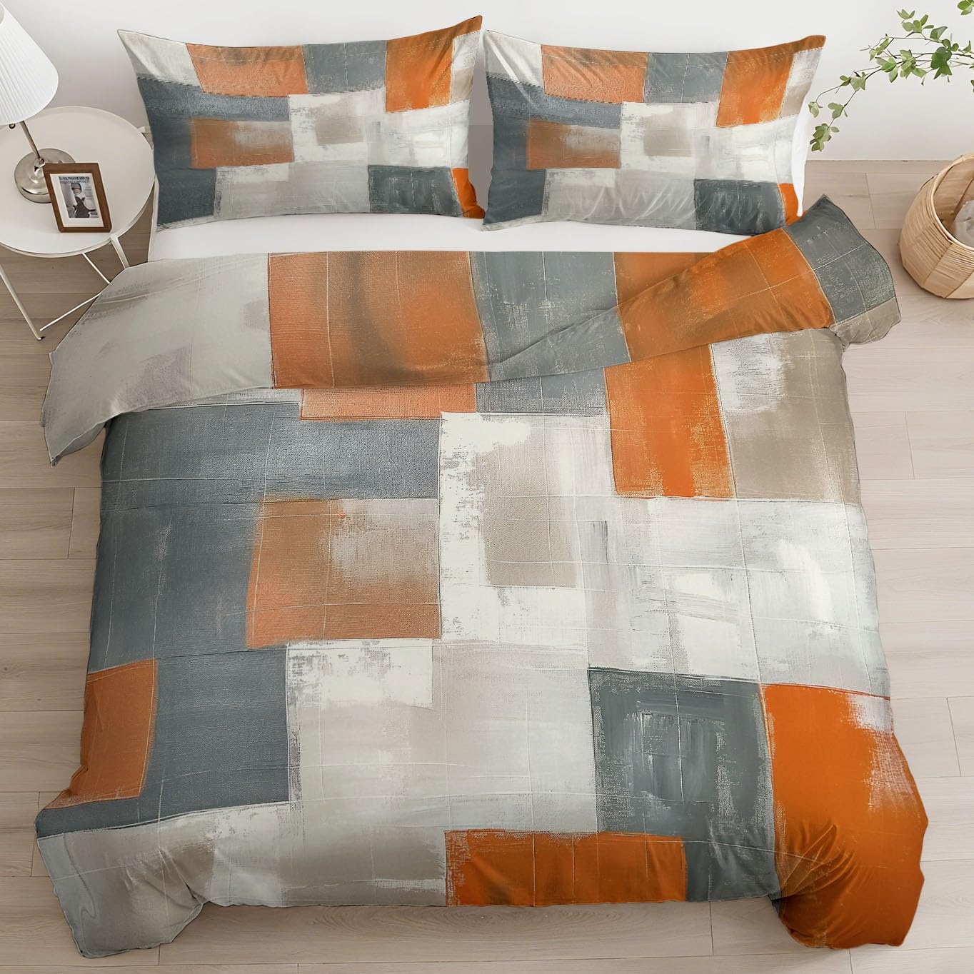 Parures de lit 280 x 240 cm Blocs de Couleurs Gris Orange et Beige Ensemble De Literie avec Fermeture Éclair Art Moderne Réversible Housse de Couette Parure de lit Doux Imprimé avec 2 Taie d'oreiller