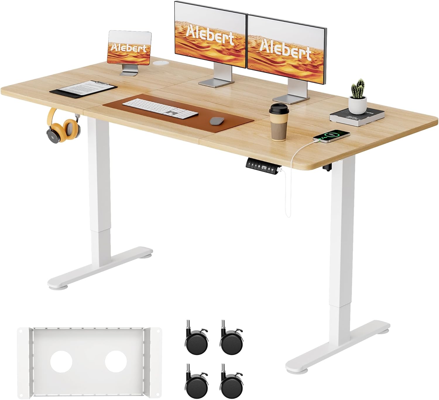 Alebert Electric Elevating Desk, Elevating Desk, Width 55.1 x Depth 27.6 inches 140 x 70 cm, Standing Desk, With Replaceable Casters, Storage Box, USB Rechargeable, Height Memory Function, Obstacle