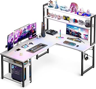 ODK L Shaped Gaming Desk with Hutch, Computer Desk with Storage Shelves, 59" L Shaped Desk for Home Office, Corner Desk with Headphone Hook, White