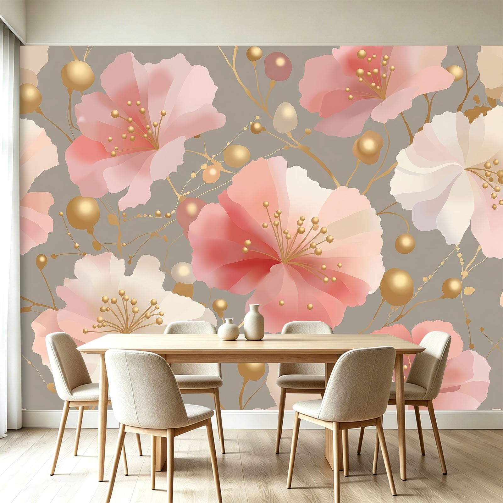 Panoramiczna tapeta wiejska 500 l x 280 cm, złoty kwiatowy kropki tapeta z włókniny do salonu sypialni - różowy XXL nowoczesny obraz ścienny, sztuka ścienna gigantyczny plakat do biura