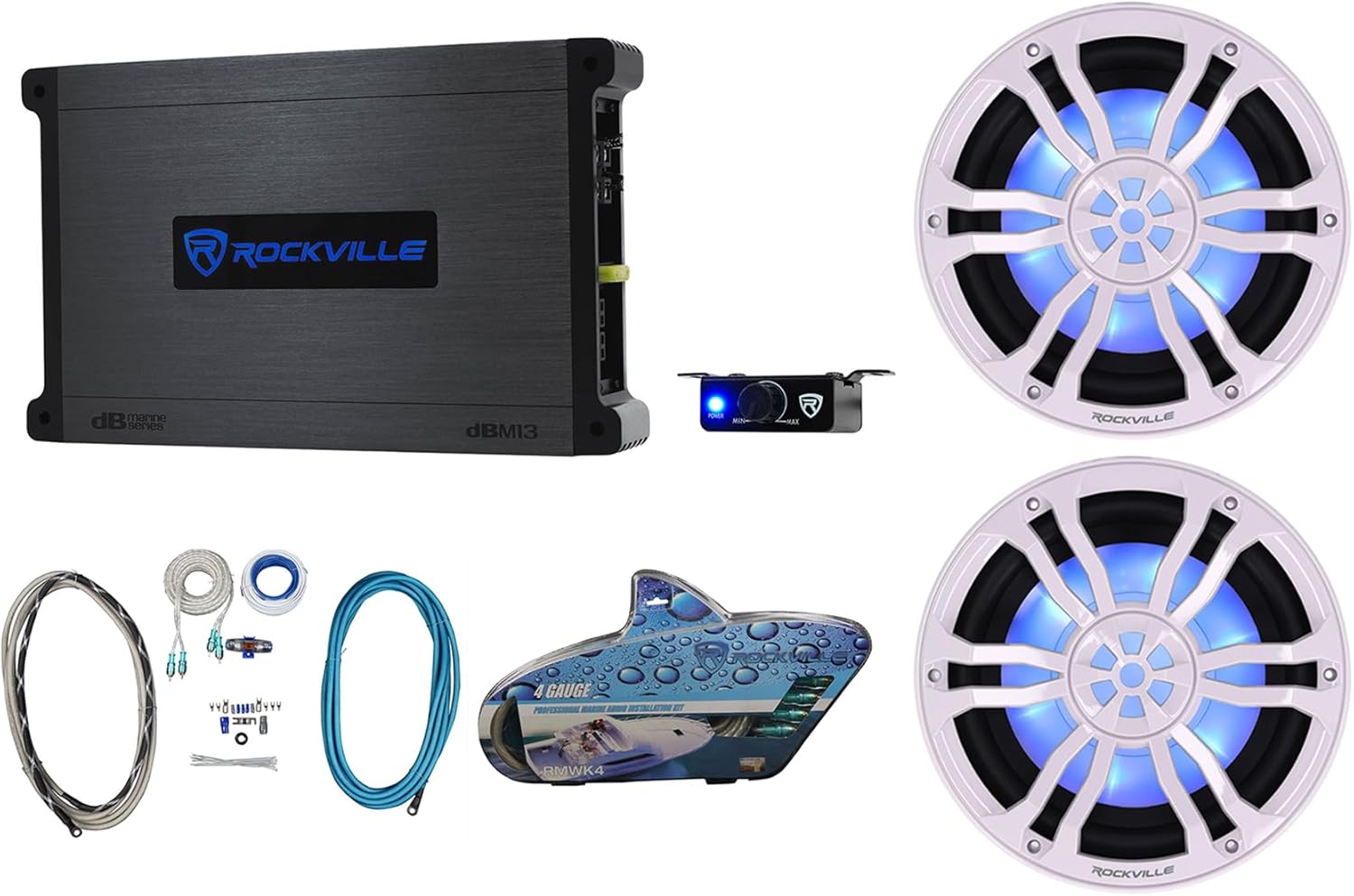 Rockville RM-PREMIUM102 White Bundle: (2) 10 in Free Air 1200-Watt Peak/300-Watt RMS Marine Subwoofers, DBM13 Mono Amplifier, RMWK4 4 AWG Waterproof Amp Wiring Kit, 4-Items