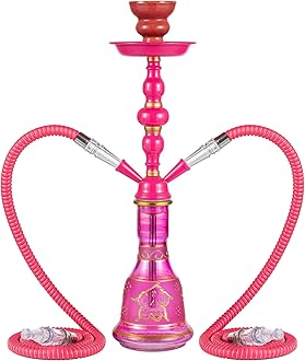 20" Hookah set - 2 Hose Premium Shisha Hookah Kit with Glass Vase, Ceramic Bowl and Coal Tongs Ashtray (Pink)