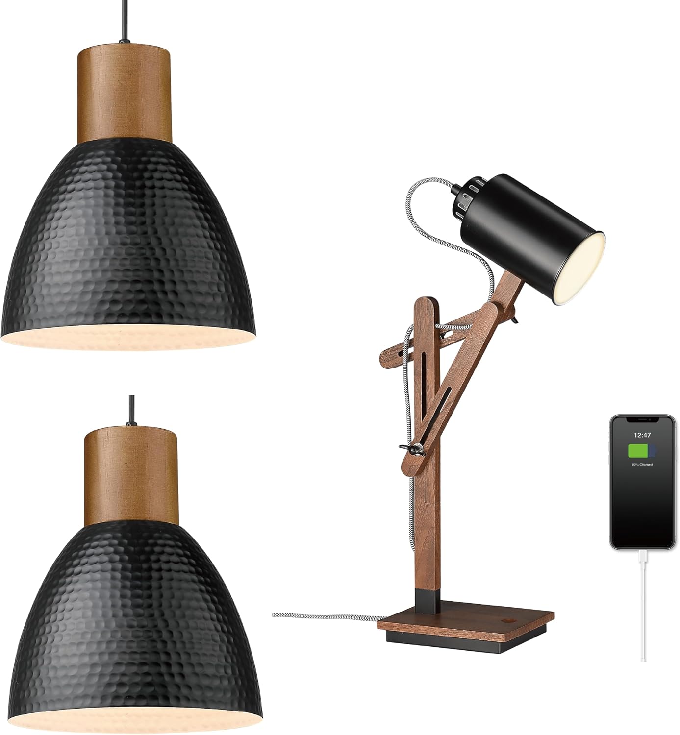ELYONA Touch Control Desk Lamp with Wireless Charging & USB Port + 2PACK 10.2” Industrial Hanging Lamp with Solid Wood & Metal Shade for Bedroom, Study Work, Office, Dorm, LED Bulb Included